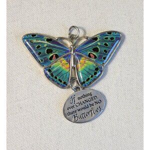 Silver Tone Colorful Blue Green Yellow Butterfly Quote Dangle Pendant CP1